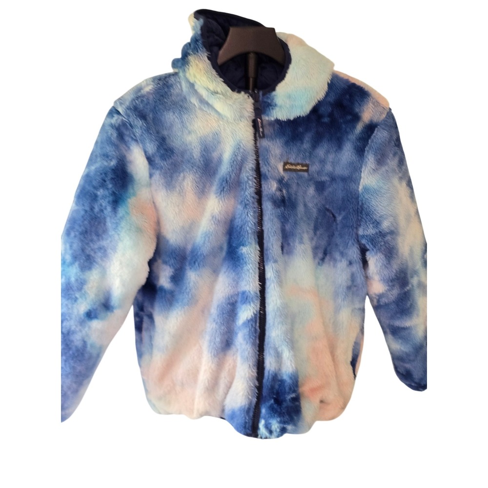 Eddie Bauer Girls Reversible Hooded Jacket Blue Tie Dye Faux Fur Navy Quilted 14